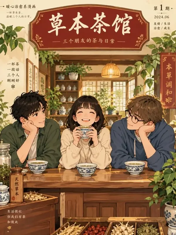 凉茶三人组封面插画，市井烟火题材，作者阿苦